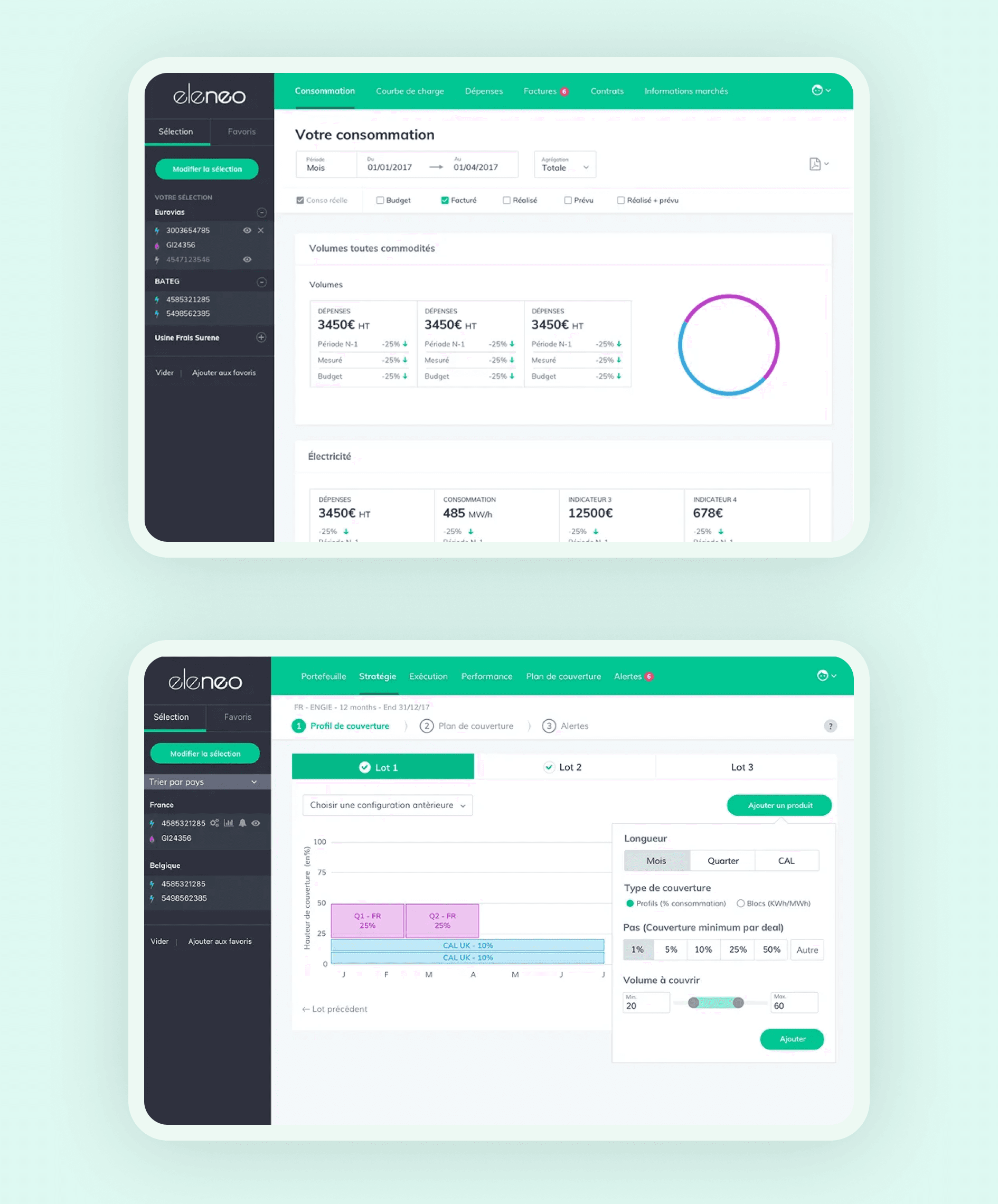 Espace clients achat et consommation d’énergie grands compte — dashboard eleneo